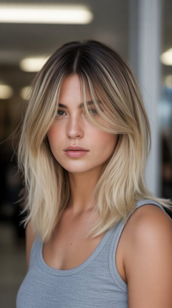  Long Bob with Curtain Bangs and Root Shadow