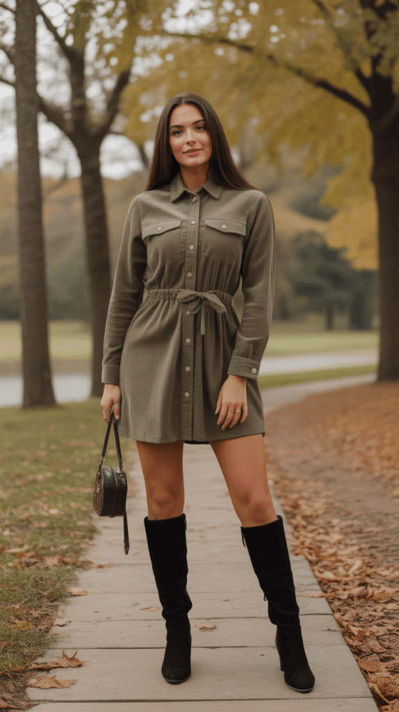 24 Elegant Winter Dress Outfits for Women for Every Occasion 13 Button-Front Dress with Tall Boots