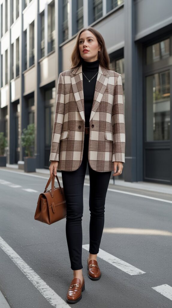 33 Best Casual Fall Outfits for Women at Work 4 Plaid Blazer with Black Skinny Pants