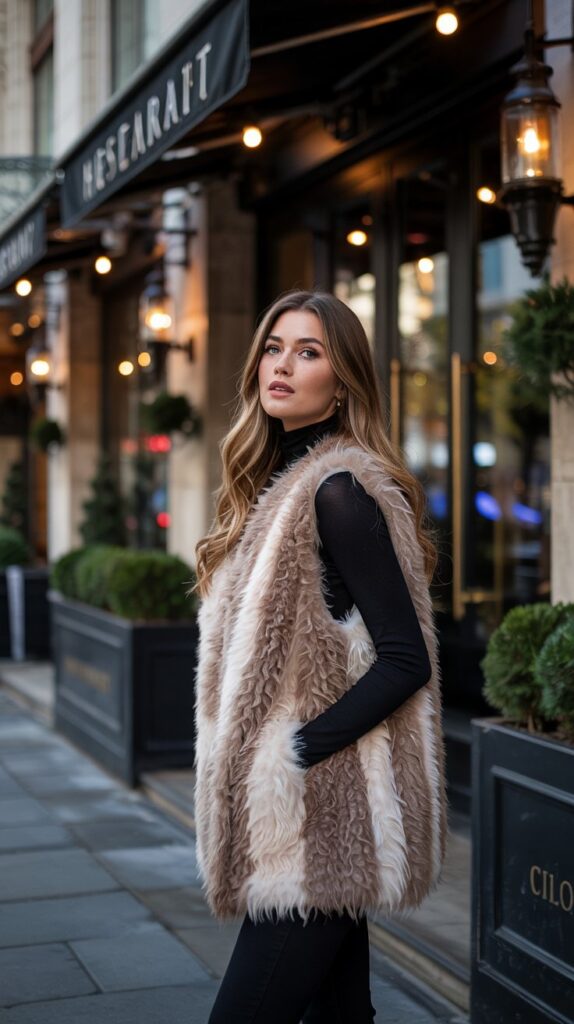 32 Casual Night-Out Fall Outfits for Women 16 Faux Fur Vest Over Long-Sleeve Top