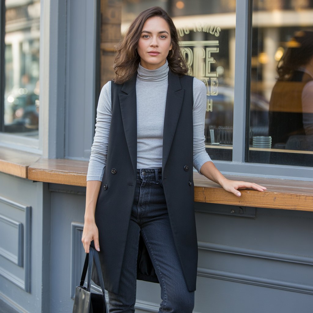 40 Winter Outfit Ideas for Women to Stay Warm and Stylish 23 Longline Vest with Turtleneck and Jeans