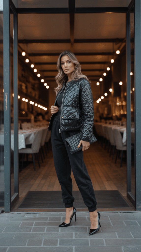 Quilted Jacket with Joggers and Heels