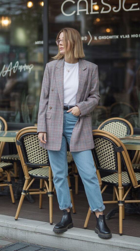 40 Winter Outfit Ideas for Women to Stay Warm and Stylish 13 Plaid Blazer with Jeans and Chelsea Boots