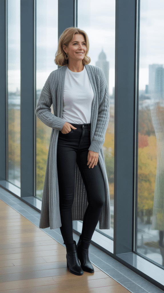 30 Stylish Casual Fall Outfits for Women Over 40 21 Longline Cardigan with Simple Tee and Jeans