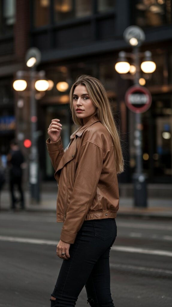 32 Casual Night-Out Fall Outfits for Women 7 Suede Jacket with Black Skinny Jeans