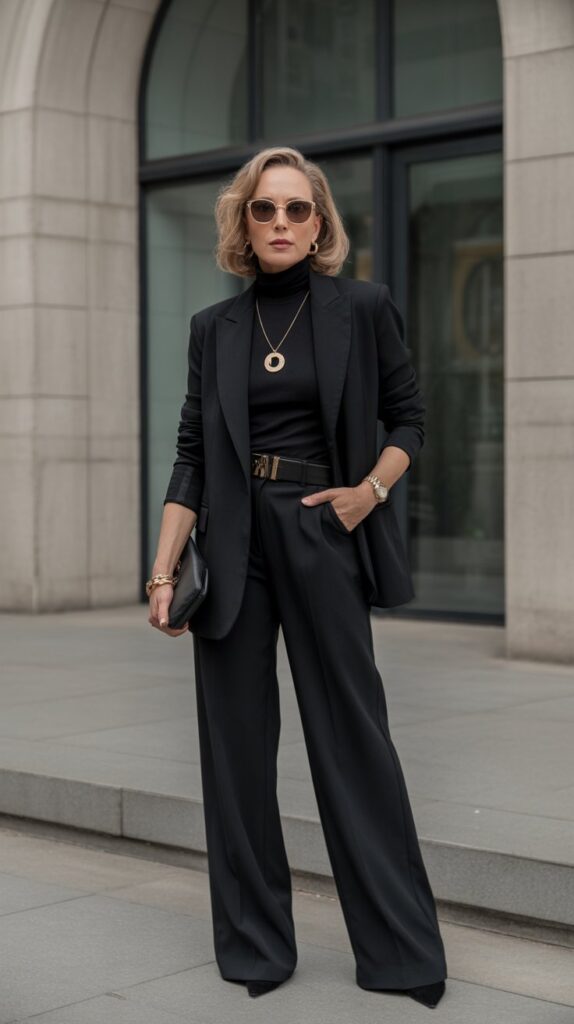 30 Fabulous Winter Outfits for Women Over 50 That Radiate Confidence 2 Monochromatic Black Power Outfit