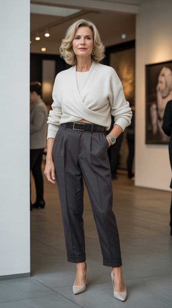 30 Fabulous Winter Outfits for Women Over 50 That Radiate Confidence 22 High-Waisted Trousers with Tucked Sweater