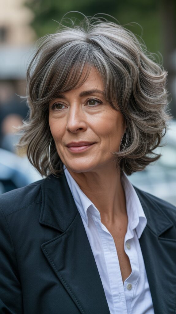 Best 30+ Very Layered Medium Hairstyles for Women Over 50 2 Shaggy Layered Lob with Bangs