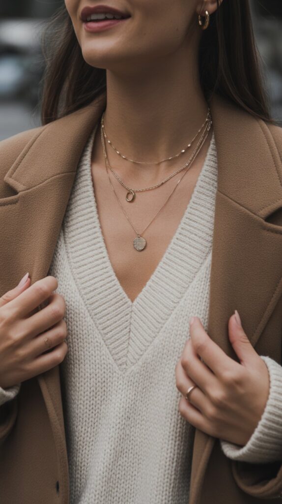40 Winter Outfit Ideas for Women to Stay Warm and Stylish 38 Layered Necklaces with Open-Neck Top and Coat