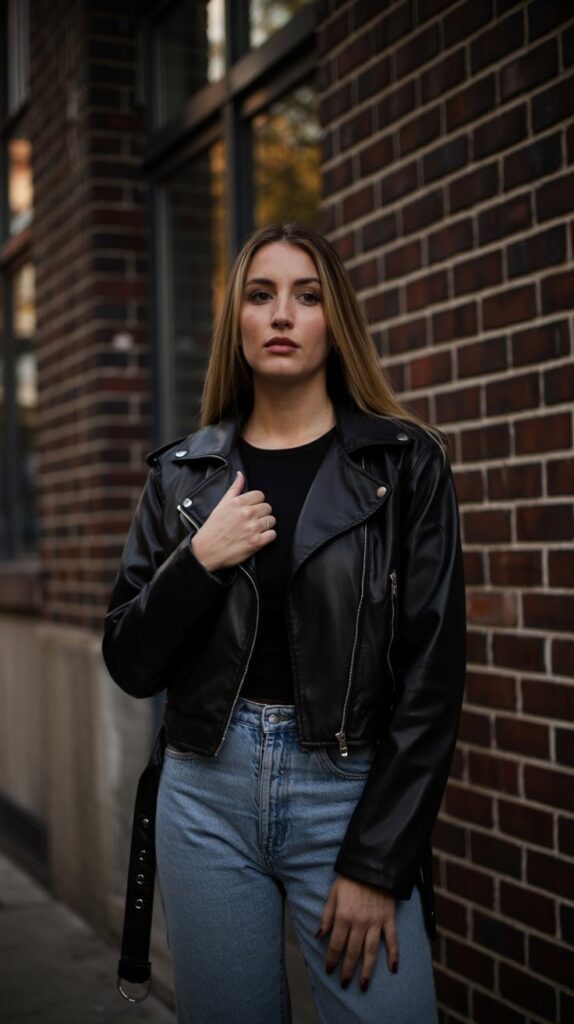 32 Casual Night-Out Fall Outfits for Women 1 Leather Jacket with High-Waisted Jeans
