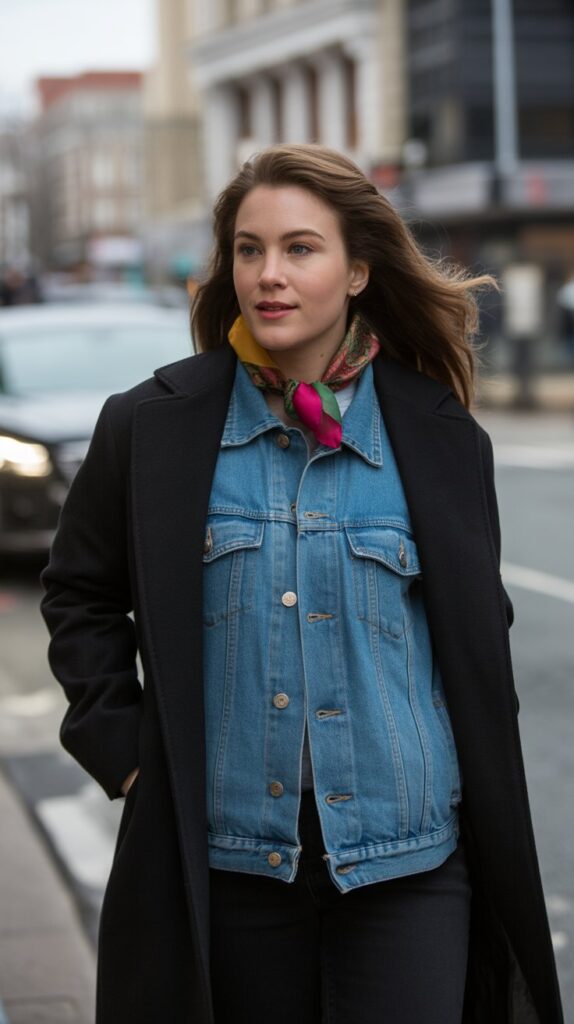 40 Winter Outfit Ideas for Women to Stay Warm and Stylish 9 Denim Jacket Layered Under Coat with Scarf