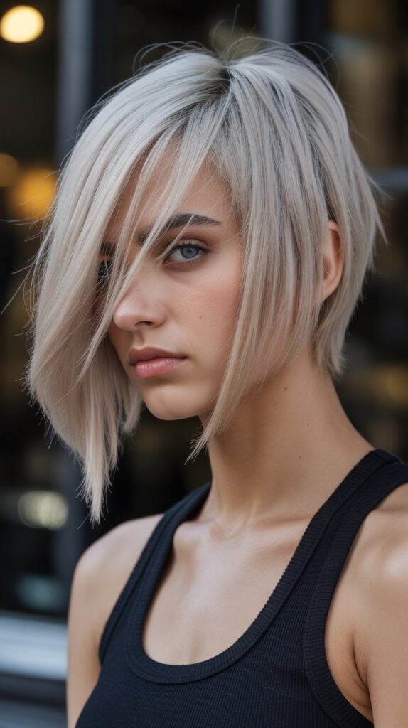 Asymmetrical Long Bob with Side-Swept Curtain Bangs