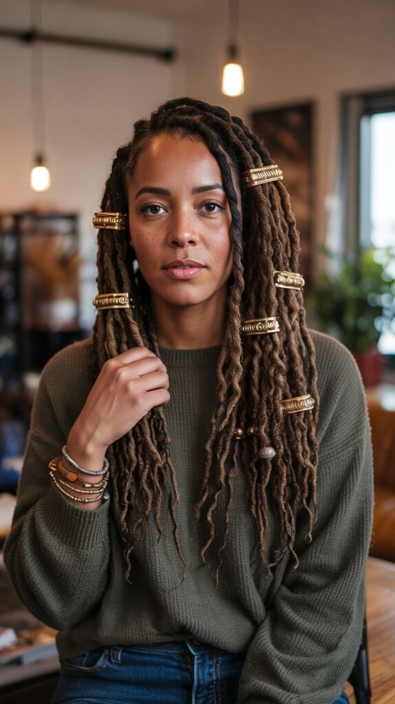 27 Chic Cute Winter Hairstyles for Black Women 4 Faux Locs with Golden Accessories