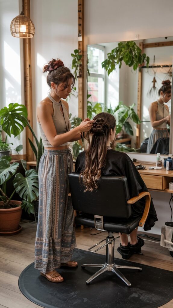 33 Polished Summer Hairstylist Outfits for Work 9 Palazzo Pants with Halter Crop Top