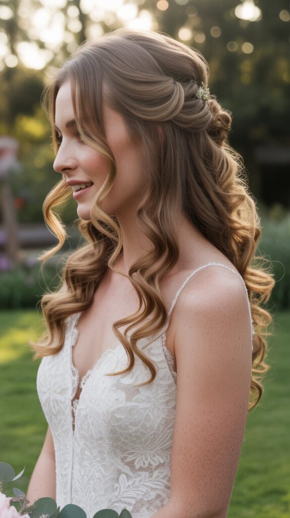 33 Best Half-Up, Half-Down Bridal Hairstyles 2 Romantic Loose Curls with Half-Up Knot
