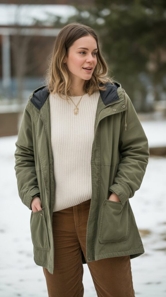 40 Winter Outfit Ideas for Women to Stay Warm and Stylish 17 Parka with Sweater and Corduroy Pants