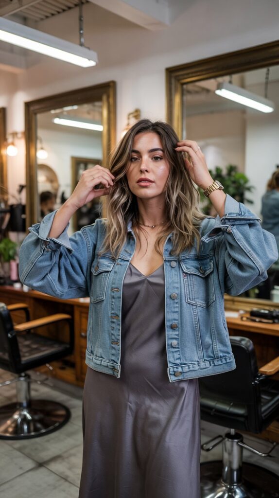 33 Polished Summer Hairstylist Outfits for Work 4 Midi Slip Dress with Denim Jacket Layer