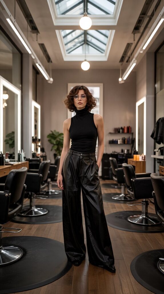 Black Sleeveless Turtleneck with Black Palazzo Pants