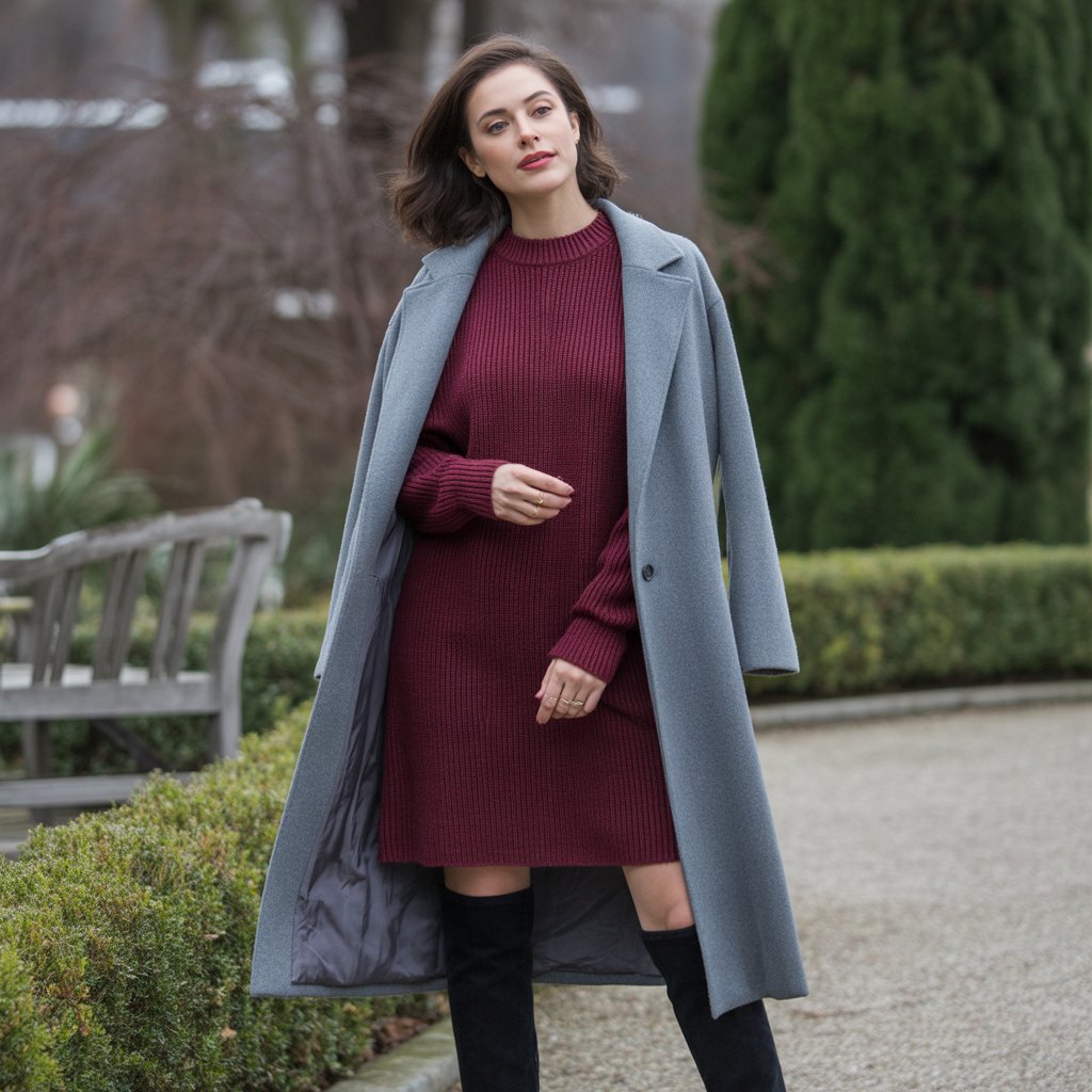 40 Winter Outfit Ideas for Women to Stay Warm and Stylish 33 Sweater Dress with Knee-High Boots and Coat