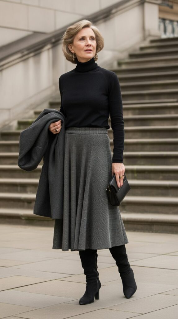 30 Fabulous Winter Outfits for Women Over 50 That Radiate Confidence 11 Midi Skirt with Boots Sophistication