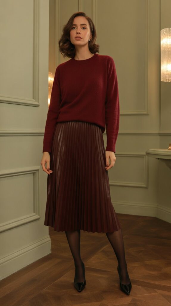 40 Winter Outfit Ideas for Women to Stay Warm and Stylish 8 Cashmere Sweater with Midi Skirt and Tights