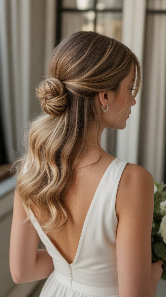 33 Best Half-Up, Half-Down Bridal Hairstyles 25 . French Twist Half-Up Hybrid
