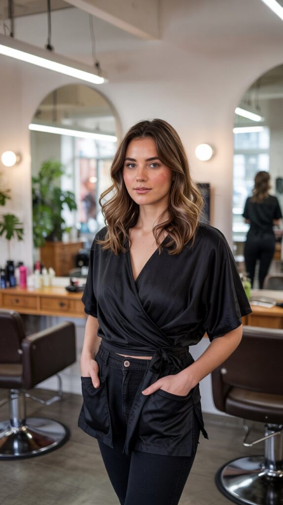 Black Wrap Top with Black Leggings