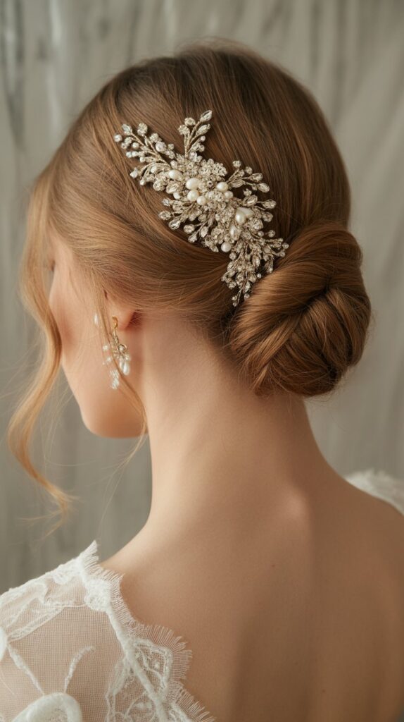 33 Best Half-Up, Half-Down Bridal Hairstyles 9 Half-Up with Jeweled Barrette