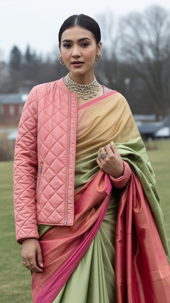 22 Gorgeous Indian Winter Outfits for Women You'll Love 14 Quilted Jacket Over Saree