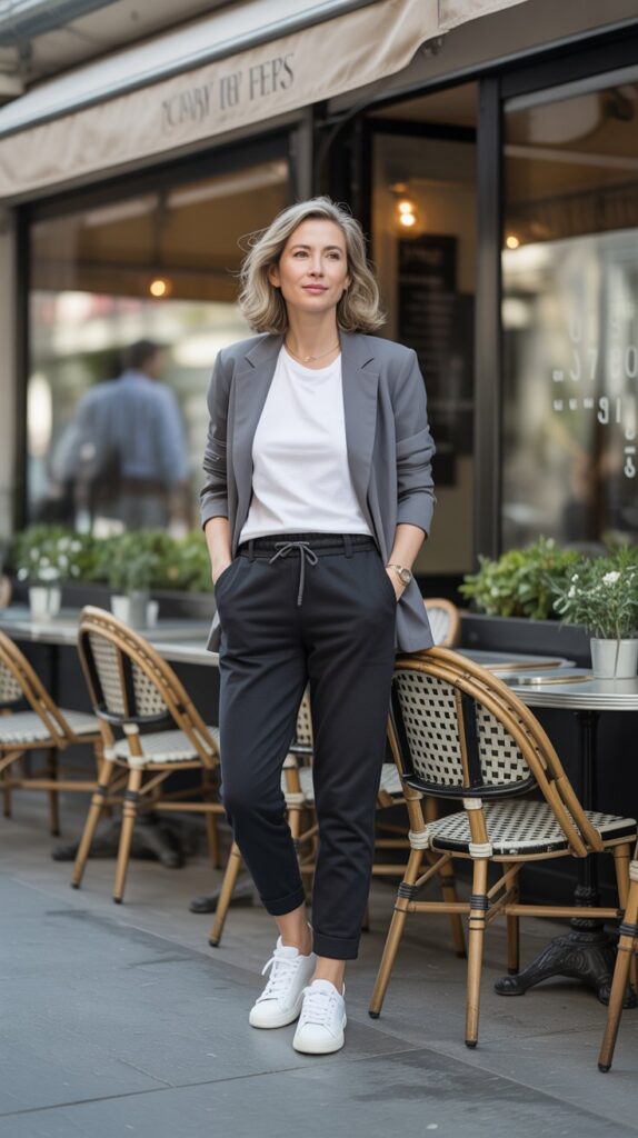 30 Fabulous Winter Outfits for Women Over 50 That Radiate Confidence 24 Blazer and Joggers Smart Casual