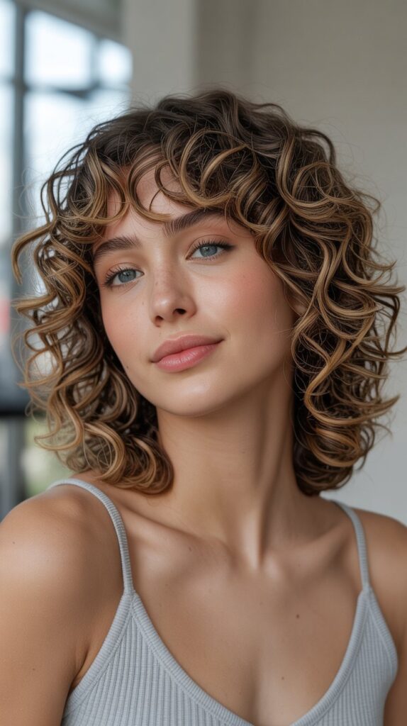 Curly Long Bob with Curtain Bangs