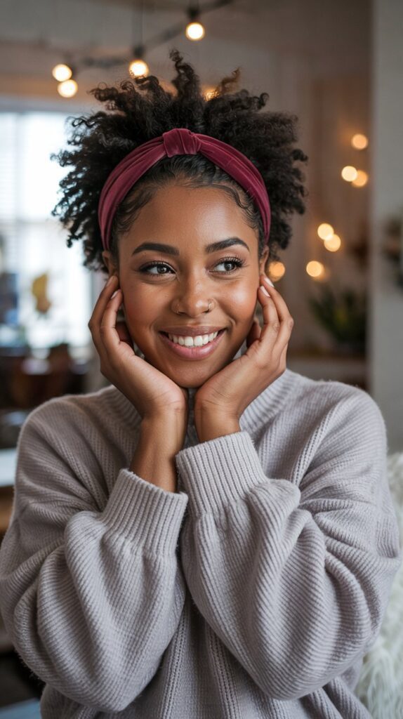 27 Chic Cute Winter Hairstyles for Black Women 5 High Puff with Headband