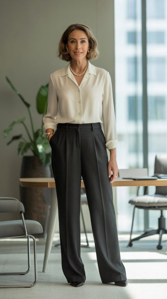 30 Fabulous Winter Outfits for Women Over 50 That Radiate Confidence 4 Tailored Wool Trousers with Silk Blouse