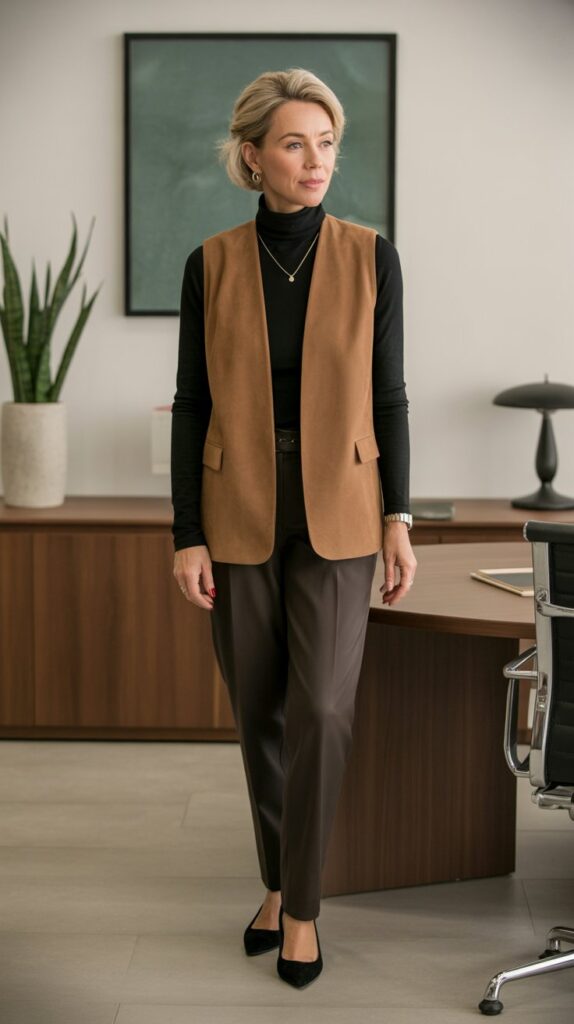 30 Fabulous Winter Outfits for Women Over 50 That Radiate Confidence 16 Turtleneck and Vest Combination