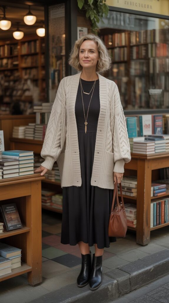 30 Fabulous Winter Outfits for Women Over 50 That Radiate Confidence 18 Chunky Knit Cardigan with Midi Dress