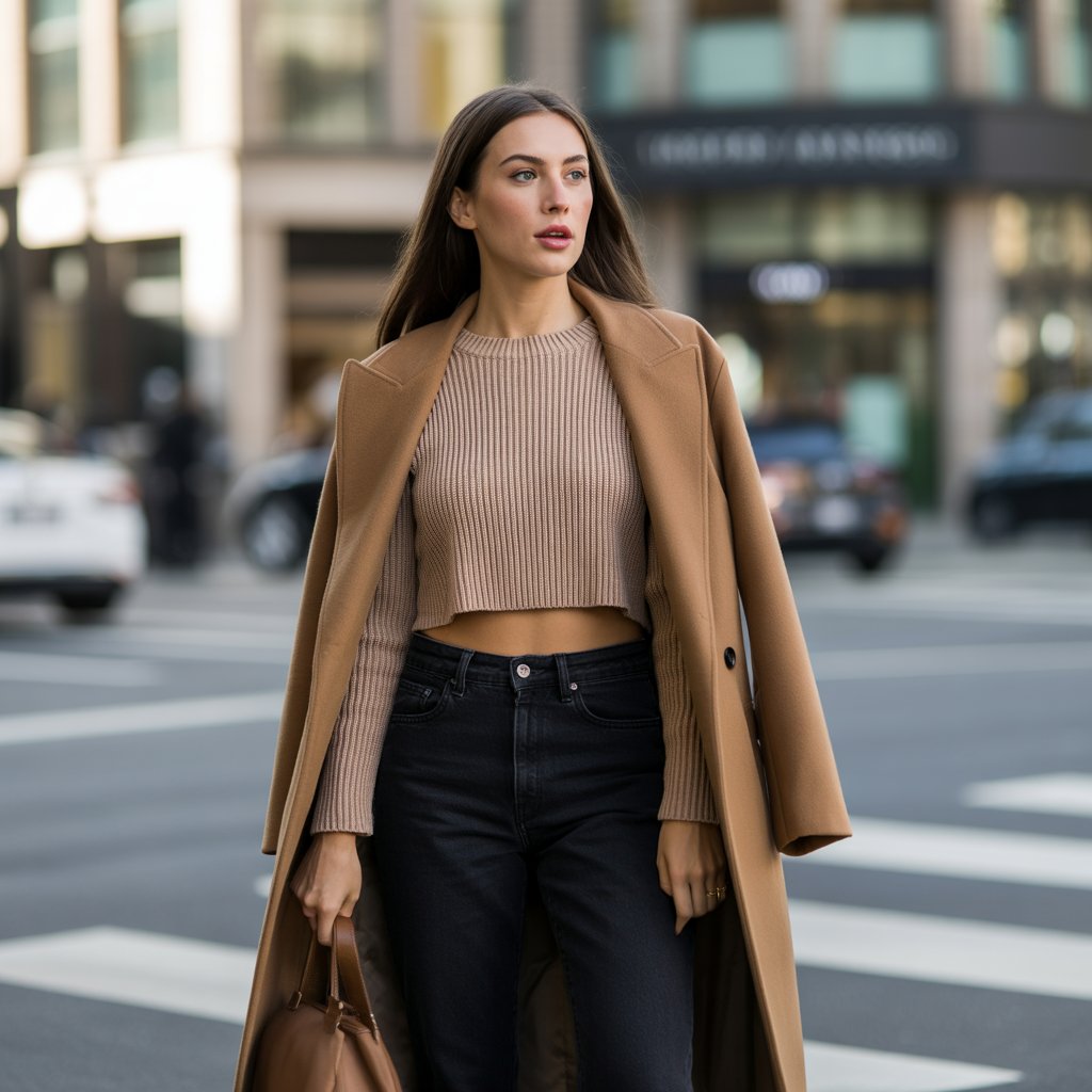 40 Winter Outfit Ideas for Women to Stay Warm and Stylish 32 Crop Sweater with High-Waisted Pants and Coat