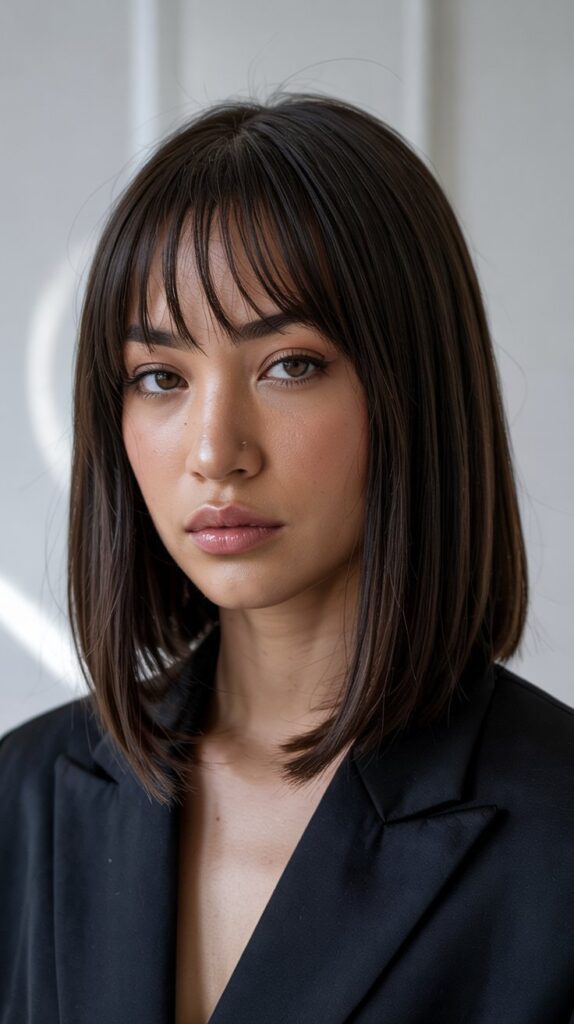 30 Stunning Long Bob with Layers and Curtain Bangs 24 Sleek Long Bob with Minimal Layers and Sleek Curtain Bangs