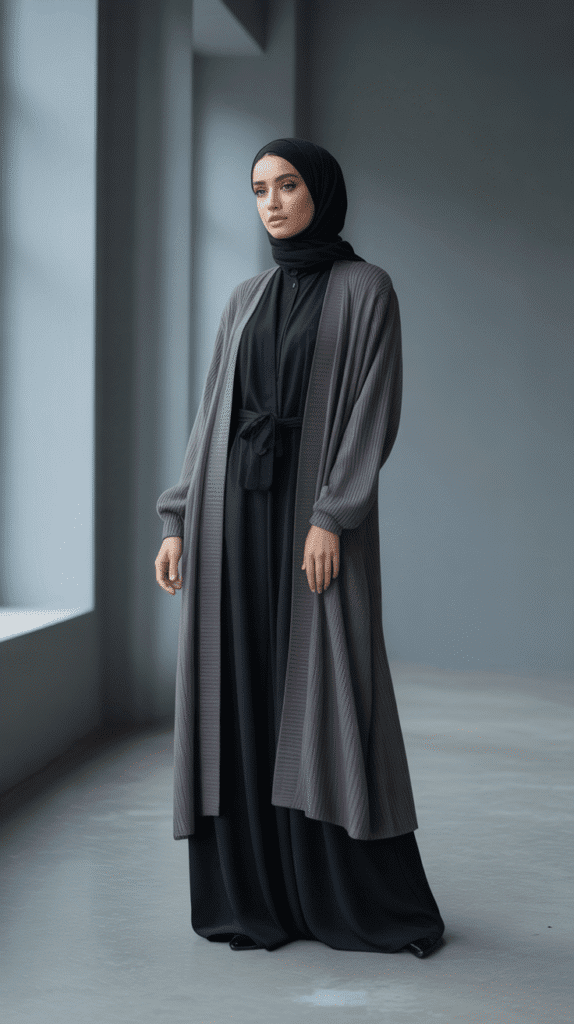25 Modest Winter Outfits for Women with Hijab That Stay Fashionable 16 Duster Cardigan Over Monochromatic Outfit
