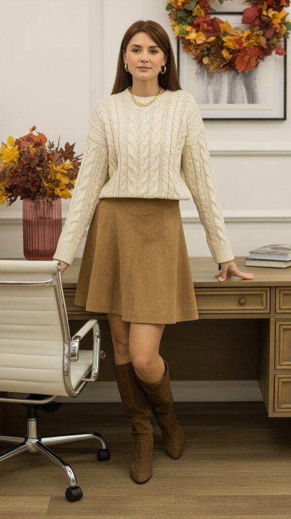 33 Best Casual Fall Outfits for Women at Work 18 Suede Skirt with Sweater and Boots