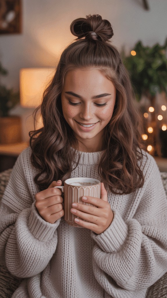 27 Stylish Cute Winter Hairstyles for Teens 5 Half-Up Top Knot with Textured Ends