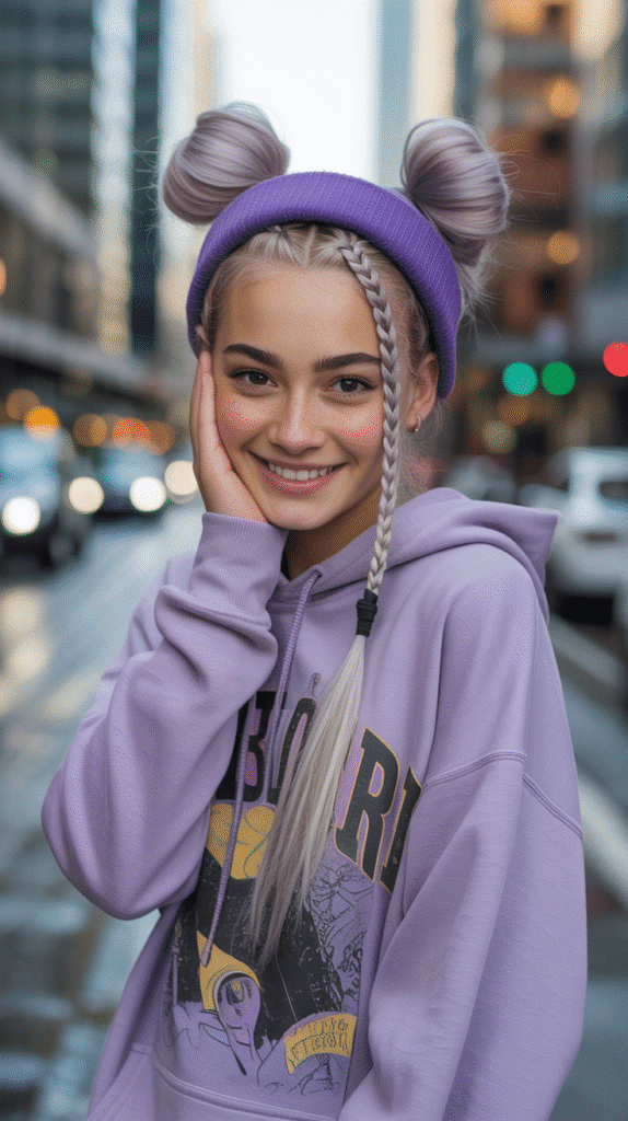 27 Stylish Cute Winter Hairstyles for Teens 8 Space Buns with Braided Details