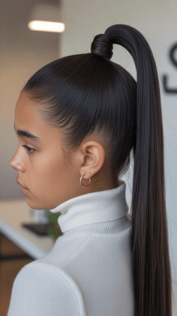 27 Stylish Cute Winter Hairstyles for Teens 3 Sleek High Ponytail with Wrapped Base
