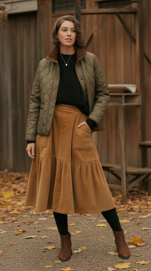 30 Best Casual Fall Outfits for Women 2025 16 Quilted Jacket with Mock Neck and Corduroy Skirt