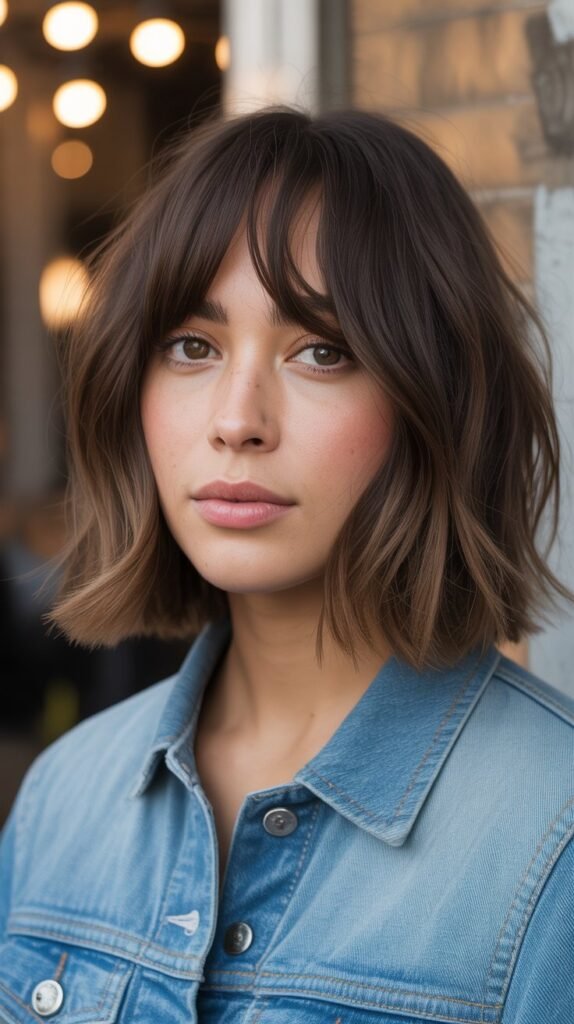 Textured Long Bob with Choppy Curtain Bangs