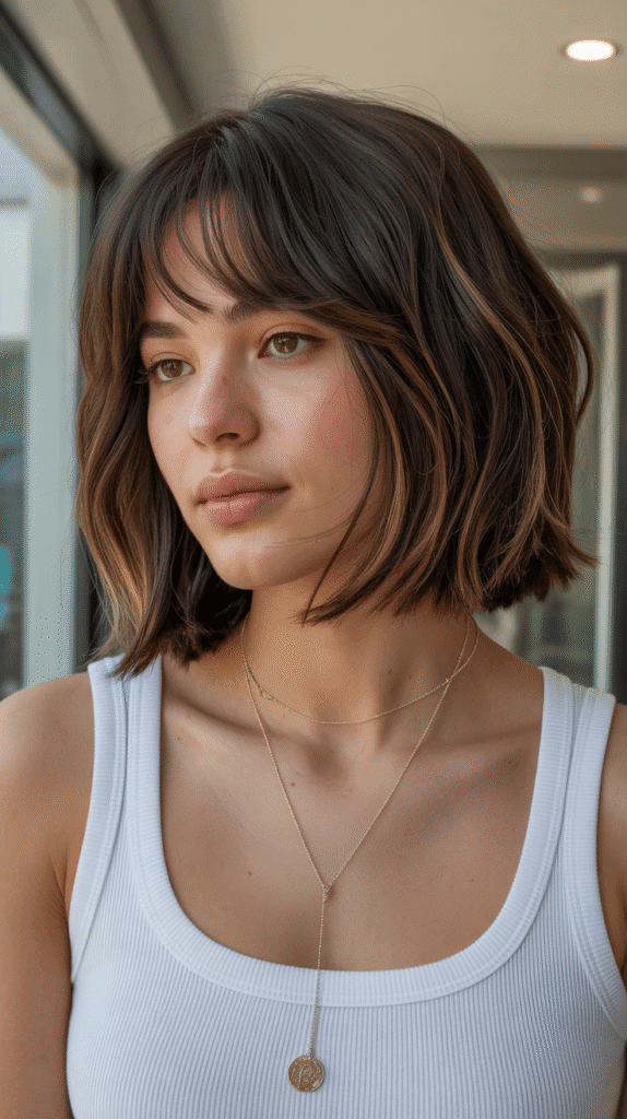 Textured Shag Long Bob with Curtain Bangs