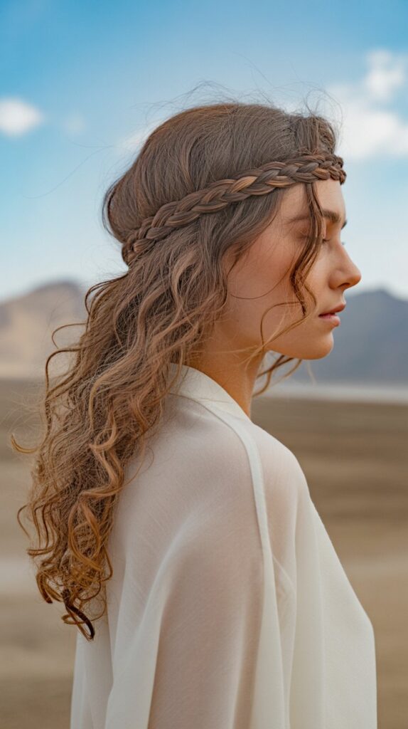 30+ Stunning Beach Wedding Hairstyles That Will Make Waves 25 Braided Headband With Loose Curls