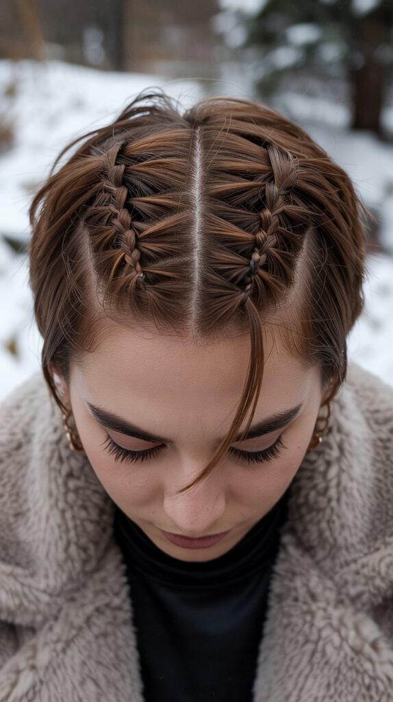 30 Chic Winter Hair Braids for Short Hair 12 Zig-Zag Part with Side Braids