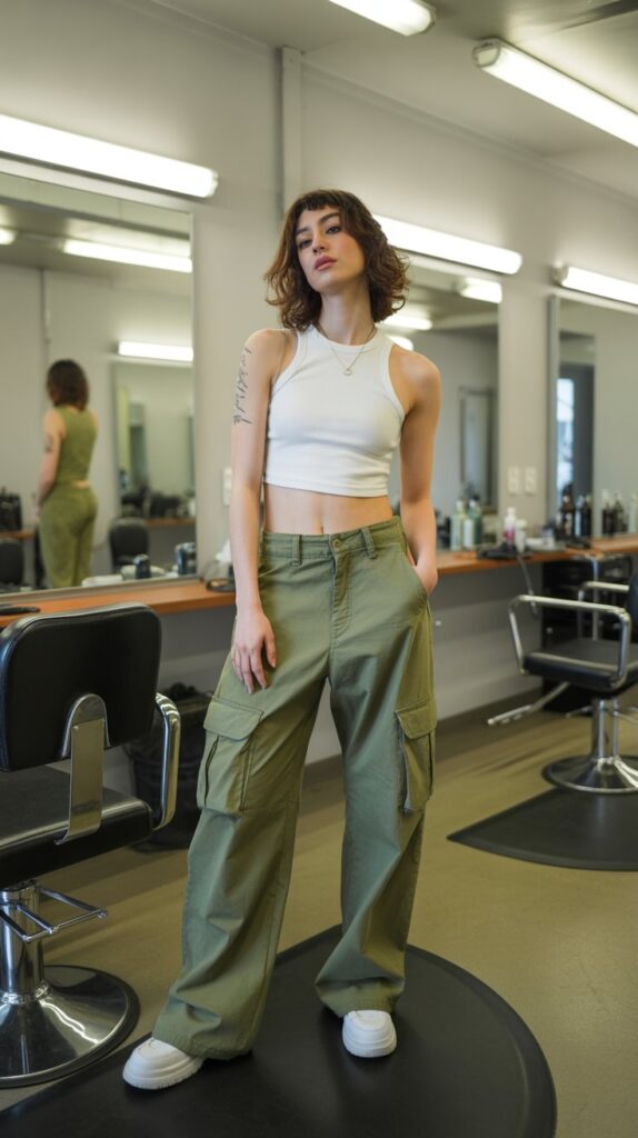 33 Fresh Hairstylist Outfits for Work in Spring 23 Cargo Pants with Cropped Top