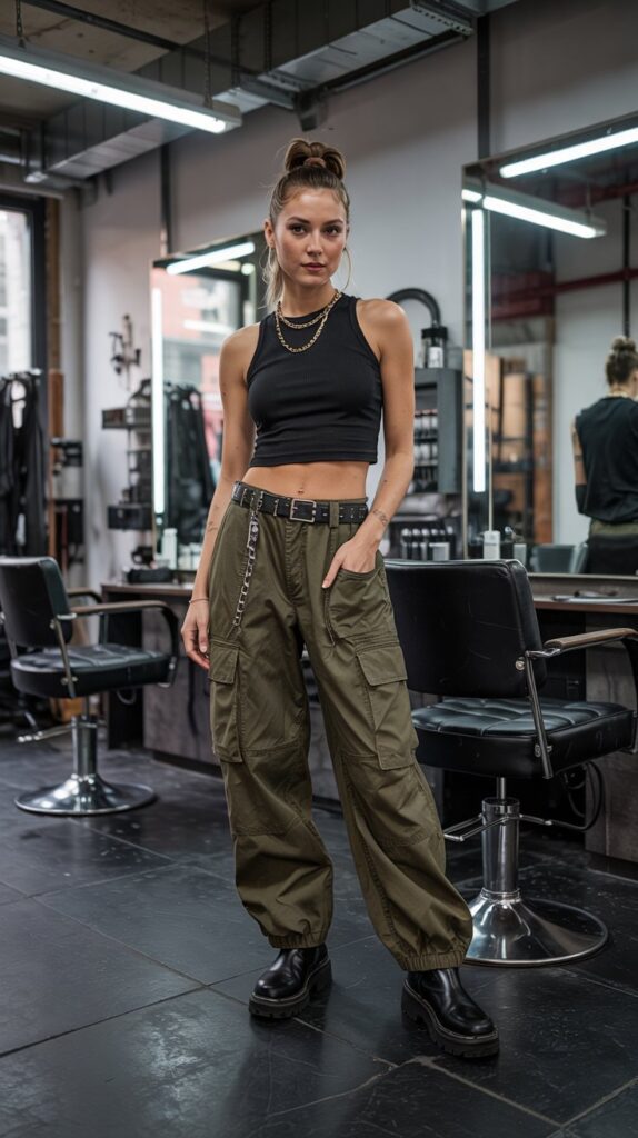 27 Trendy Baddie Hairstylist Outfits for Work 6 Cargo Pants with Cropped Tank
