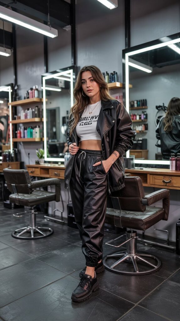 27 Trendy Baddie Hairstylist Outfits for Work 14 Faux Leather Joggers with Graphic Crop Top